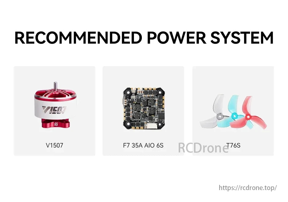 T-MOTOR, The recommended power system comprises a V1507 motor, F7 35A AIO 6S flight controller, and T76S propellers for peak performance.