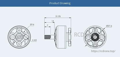 T-Motor VELOX V2208 specs: Ø16, 4-M3, 7mm, 12mm, 31.95mm, Ø27.6. Designed for 5-inch FPV drones' brushless motors.