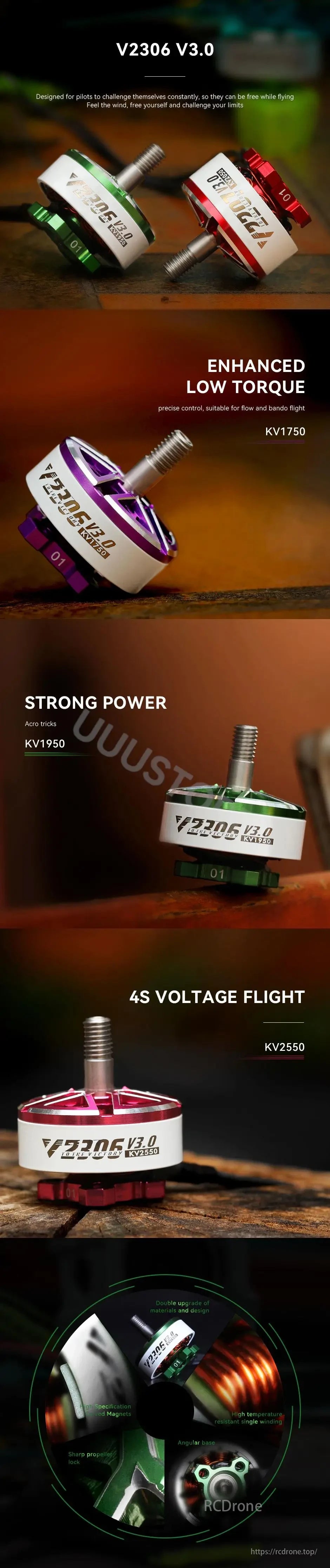 T-Motor, V2306 V3.0 motor provides low torque, strong power, and 4S voltage flight options, featuring precise control, acro tricks, and high performance with upgraded materials.