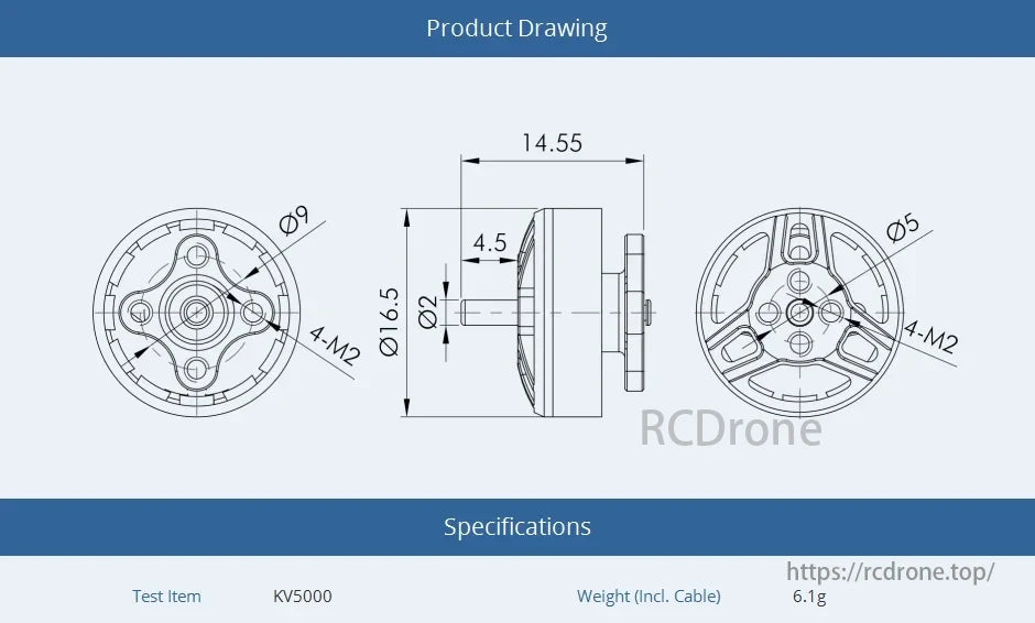 T-MOTOR KV5000 specs: Ø9, Ø16.5, 4-M2 mounts, 14.55mm long, 6.1g weight.