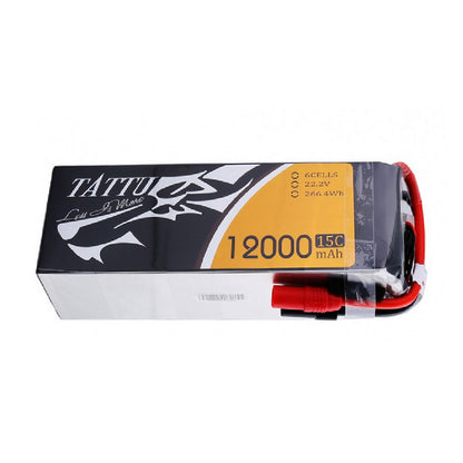 Tattu 15C 6S 12000mAh LiPo Battery, Tattu 6S 12000mAh 15C LiPo battery pack labeled 22.2V 266.4Wh with red power lead connector