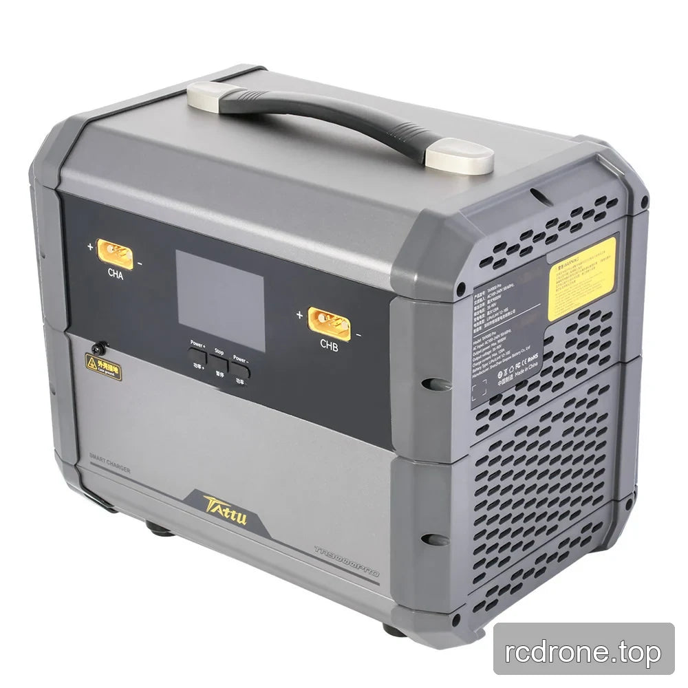 Angled front-right view of the gray Tattu charger with dual output terminals, carry handle, ventilation, and rear-side labels.