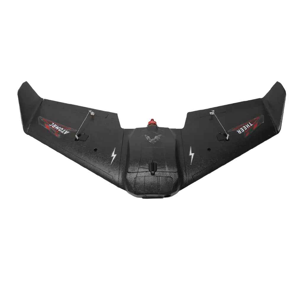 Top-down front view of THEER Bat delta wing airframe with winglets and control horns, black finish