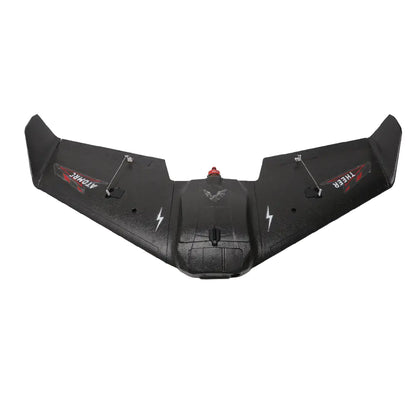 Top-down front view of THEER Bat delta wing airframe with winglets and control horns, black finish
