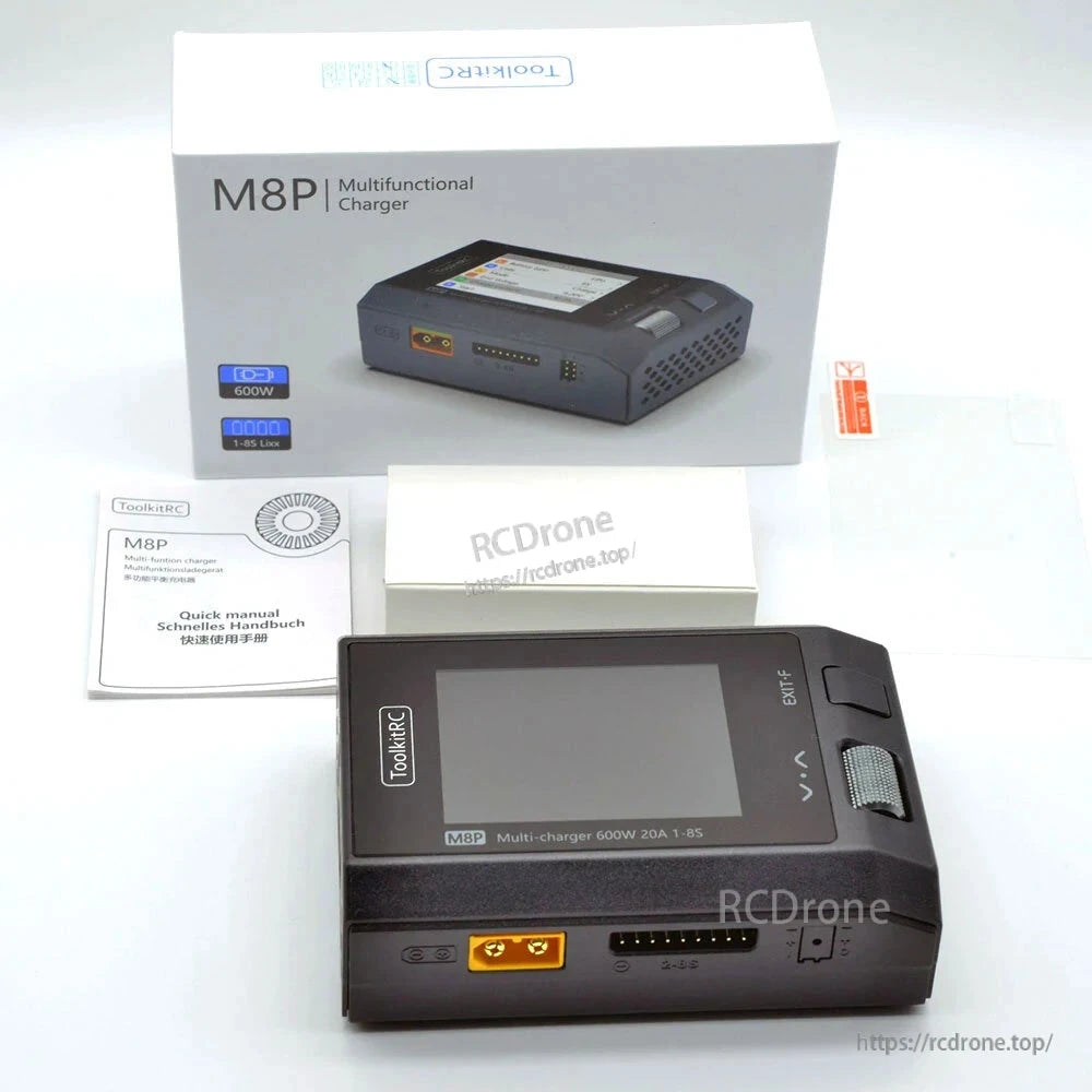 ToolkitRC M8P 600W 20A 1–8S Balance Charger, A 600W, 20A multifunctional charger supports various LiXX batteries (1–8S), features a 2.4-inch display, balance charging/discharging, USB ports, safety protections, and includes a multilingual manual.