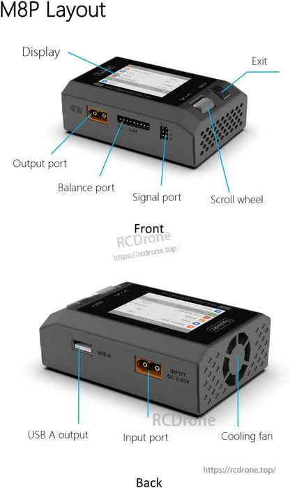 ToolkitRC M8P 600W 20A 1–8S Balance Charger, M8P layout includes display, exit, output, balance, signal ports, scroll wheel, USB-A, input port, cooling fan, 2.4" IPS screen, and DC 7-35V input.