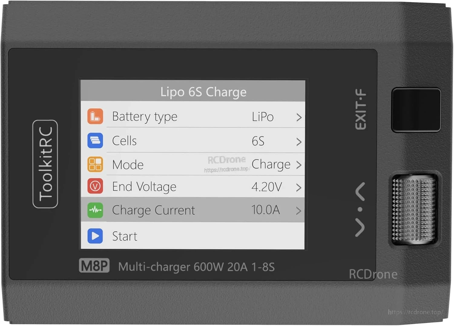 ToolkitRC M8P 600W 20A 1–8S Balance Charger, ToolkitRC M8P charger set to 4.20V, 10.0A for LiPo 6S, ready to charge.
