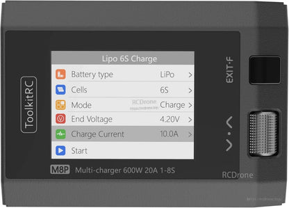 ToolkitRC M8P 600W 20A 1–8S Balance Charger, ToolkitRC M8P charger set to 4.20V, 10.0A for LiPo 6S, ready to charge.