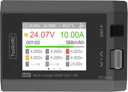 ToolkitRC M8P 600W 20A 1–8S Balance Charger, ToolkitRC M8P 600W charger displays voltage, current, mAh, and cell data. Supports balance charging for various lithium batteries. 2.4″ screen, 45°C temp.