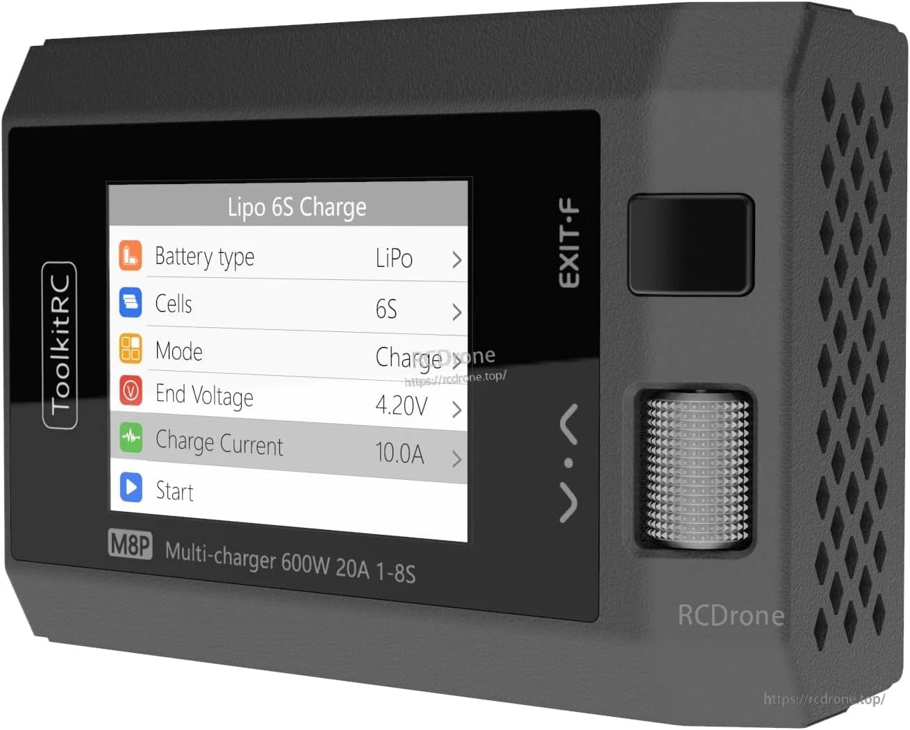 ToolkitRC M8P 600W 20A 1–8S Balance Charger, ToolkitRC M8P 600W charger displays LiPo 6S settings: 4.20V, 10.0A charge current, ready to charge.