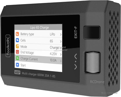 ToolkitRC M8P 600W 20A 1–8S Balance Charger, ToolkitRC M8P 600W charger displays LiPo 6S settings: 4.20V, 10.0A charge current, ready to charge.