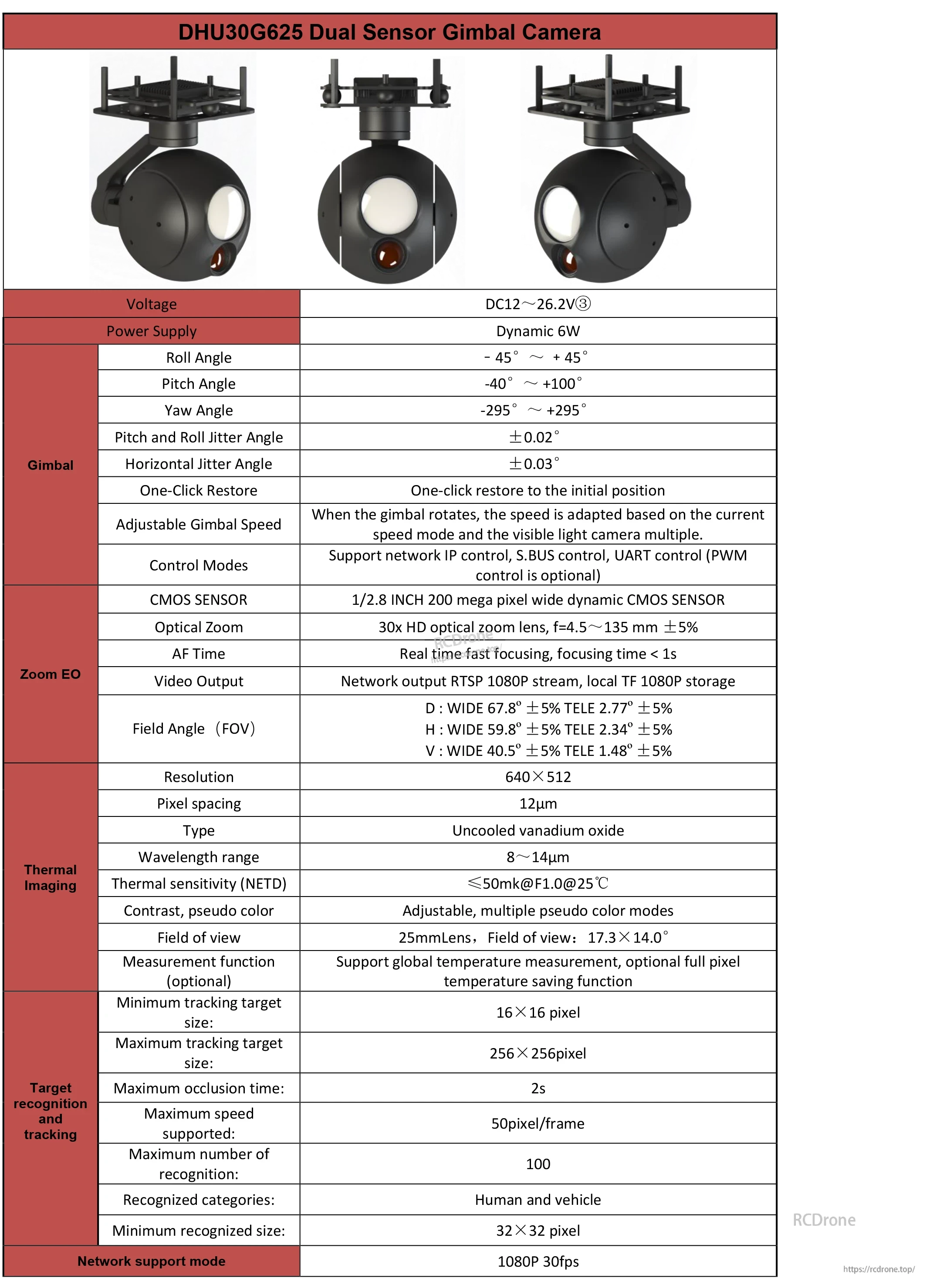 TOPOTEK DHU30 Gimbal Camera, Dual sensor camera with 30x zoom, 1080P video, thermal imaging, target recognition, 6W power, and wide-angle rotation.