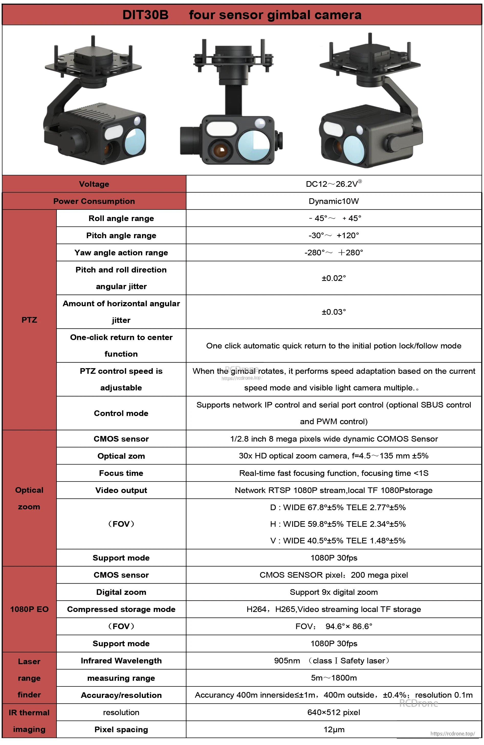 TOPOTEK DIT30B Four-Sensor Drone Gimbal, The DIT30B gimbal camera features 30x zoom, 1080P video, PTZ, laser range finder, thermal imaging, and multiple control options with dynamic power and stability.