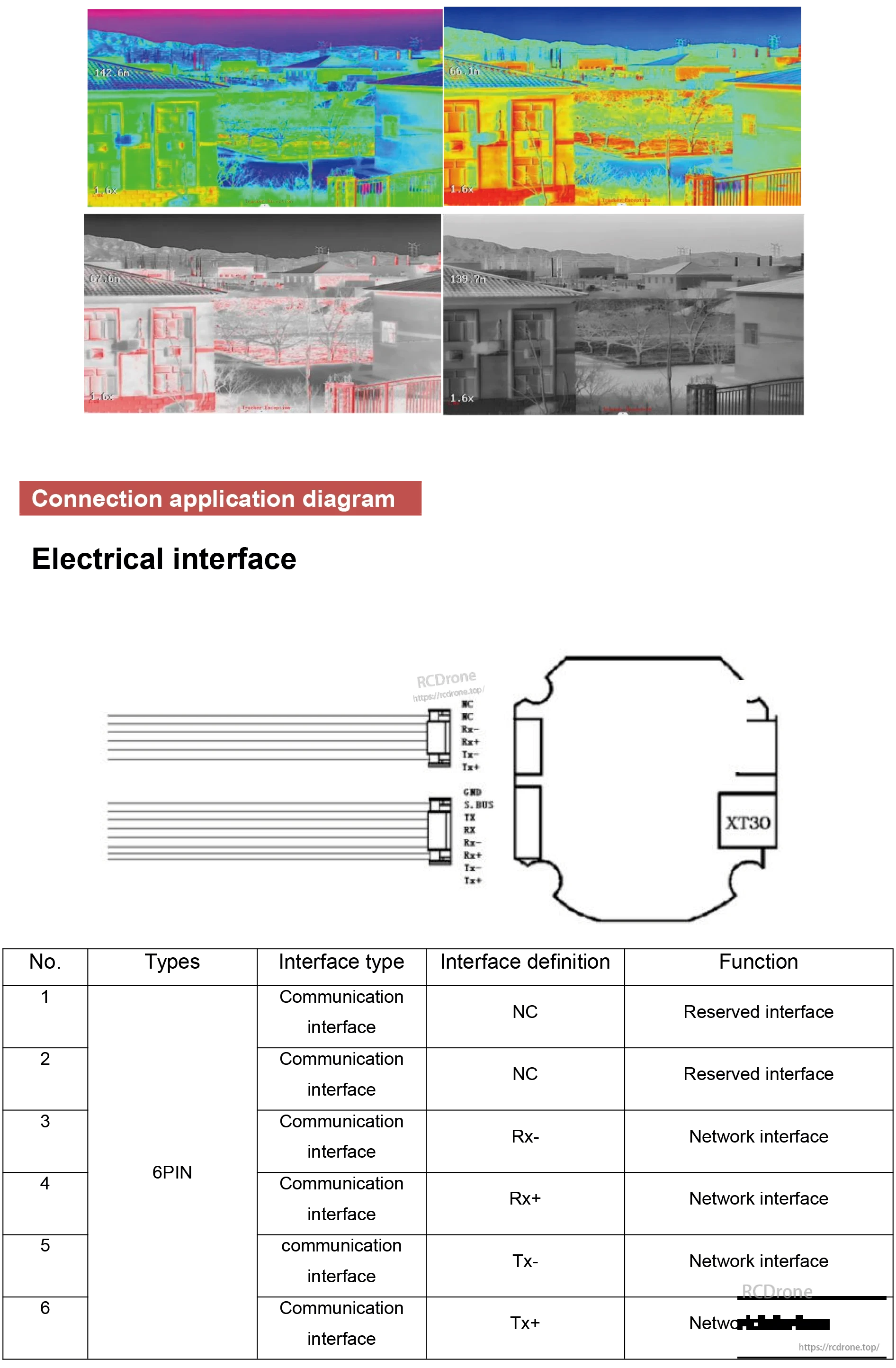 TOPOTEK DIT30B Four-Sensor Drone Gimbal, Thermal imaging of a building complex with distance markers. XT30 connector diagram shows a 6-pin interface with Rx, Tx, and reserved pins for network communication.