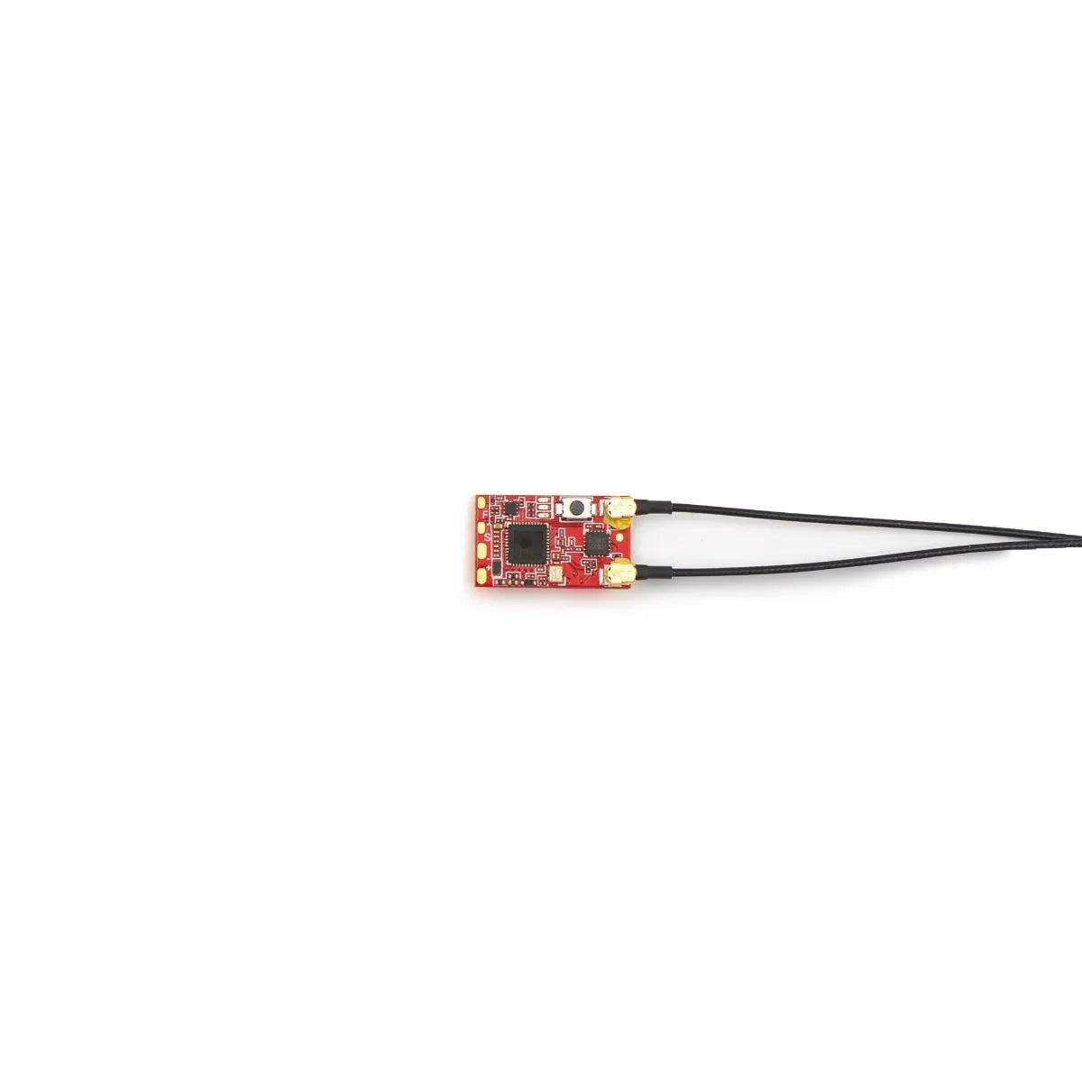 FrSky TW Mini Receiver circuit board with dual antenna leads, top view on white background
