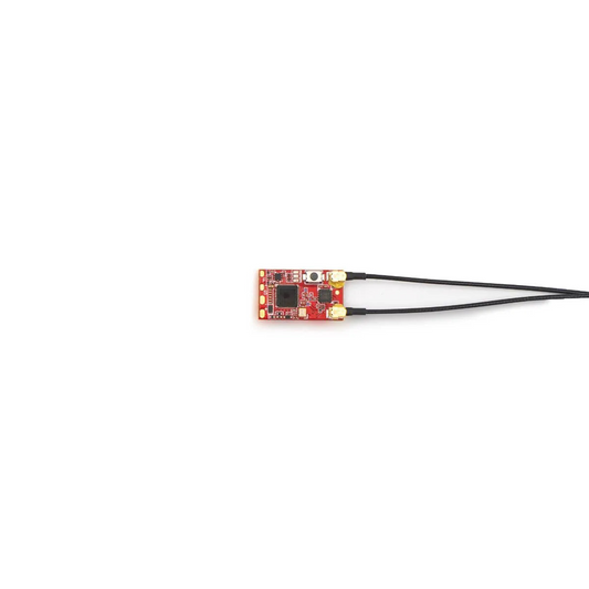 FrSky TW Mini Receiver circuit board with dual antenna leads, top view on white background