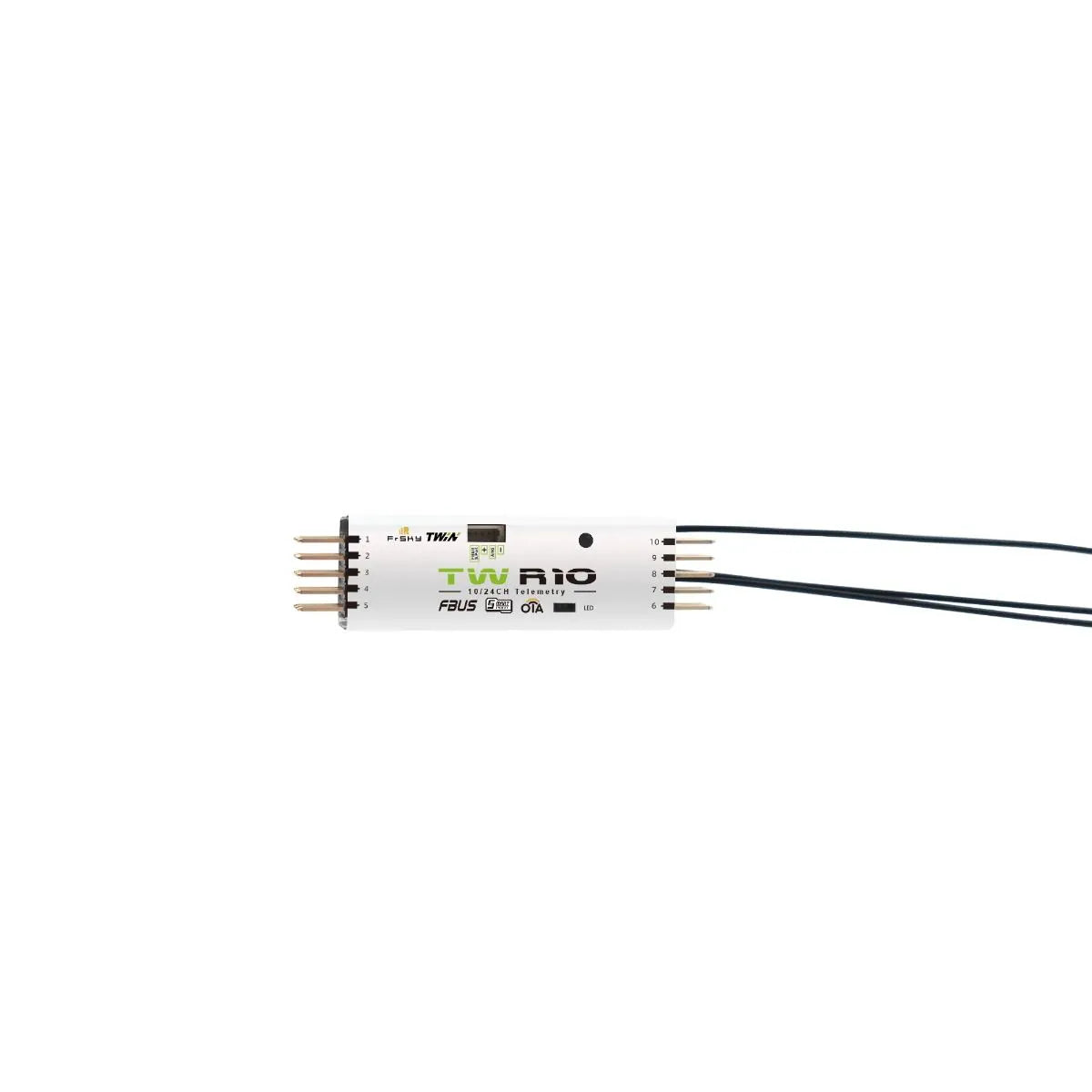 FrSky TW R10 TW Protocol Receiver close-up with dual antennas and pin headers on both ends