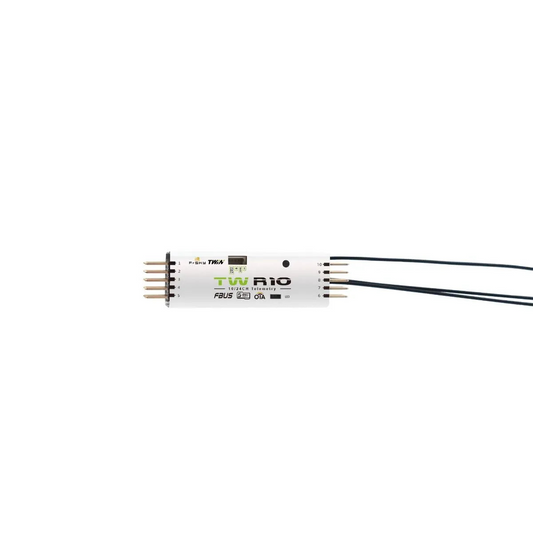 FrSky TW R10 TW Protocol Receiver close-up with dual antennas and pin headers on both ends