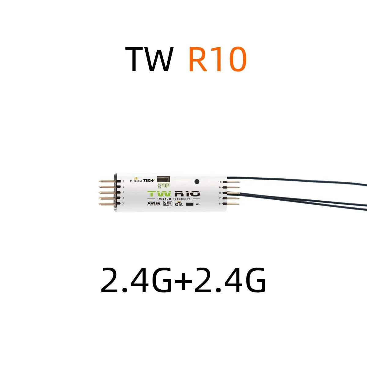 FrSky TW R10 receiver feature graphic showing TW R10 text and 2.4G+2.4G dual-band label