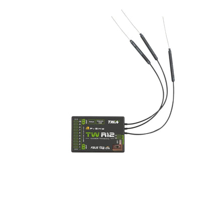 FrSky TW R12 Receiver - Dual 2.4G 12 Configurable Channel Ports, triple antennas, and dual XT30 power input connectors