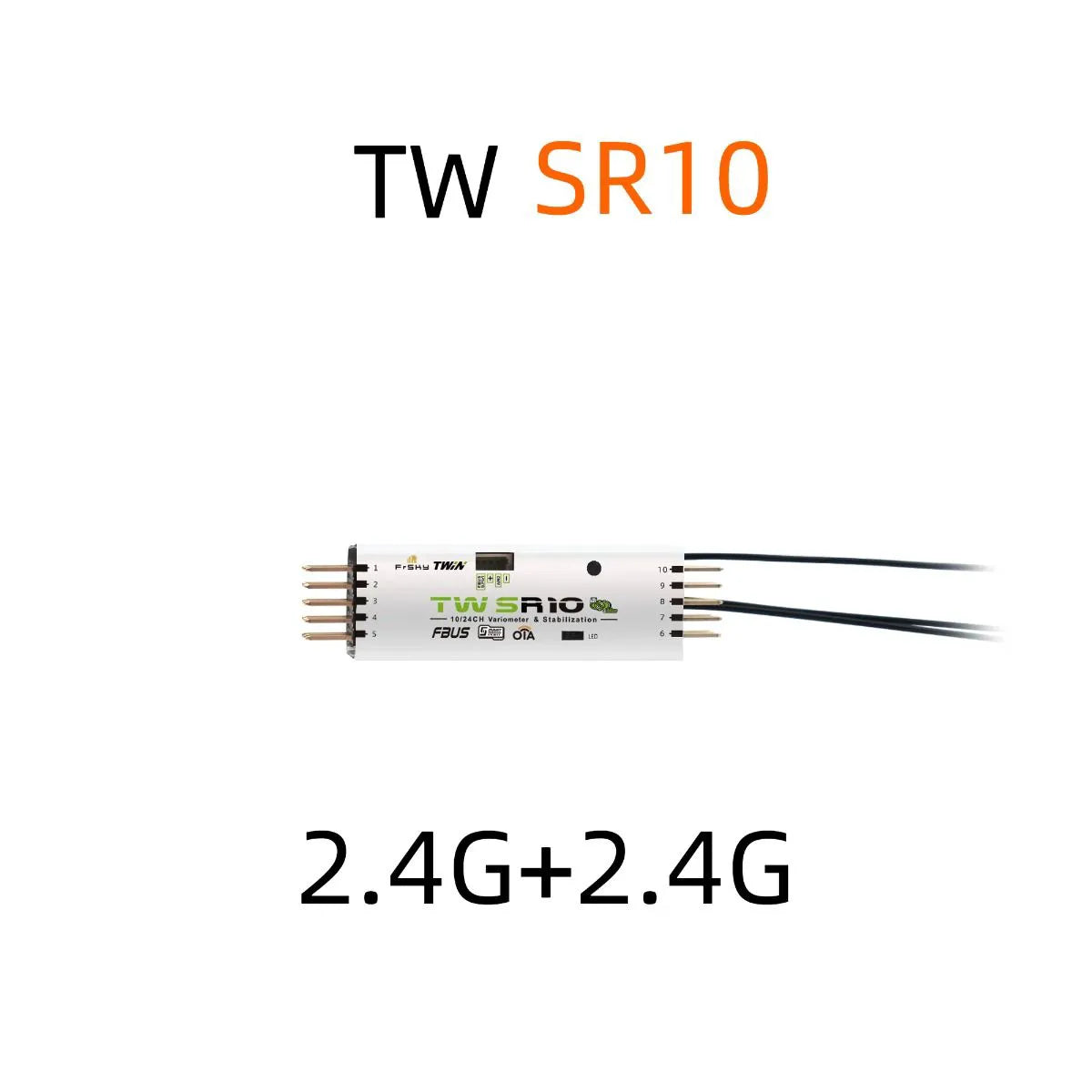 TW SR10 receiver promo graphic showing 2.4G+2.4G dual-band text above and below the unit