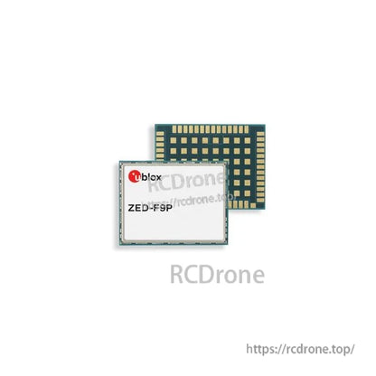 u-blox ZED-F9P GNSS receiver module with metal shield can and 54-pad LGA contact array underside
