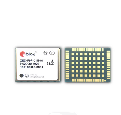 u-blox ZED-F9P-01B-01 GNSS receiver module, top label and underside 54-pad LGA footprint