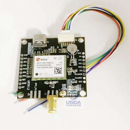u-blox ZED-F9P GNSS RTK breakout board with USB port, SMA antenna connector, pin headers, and JST cable