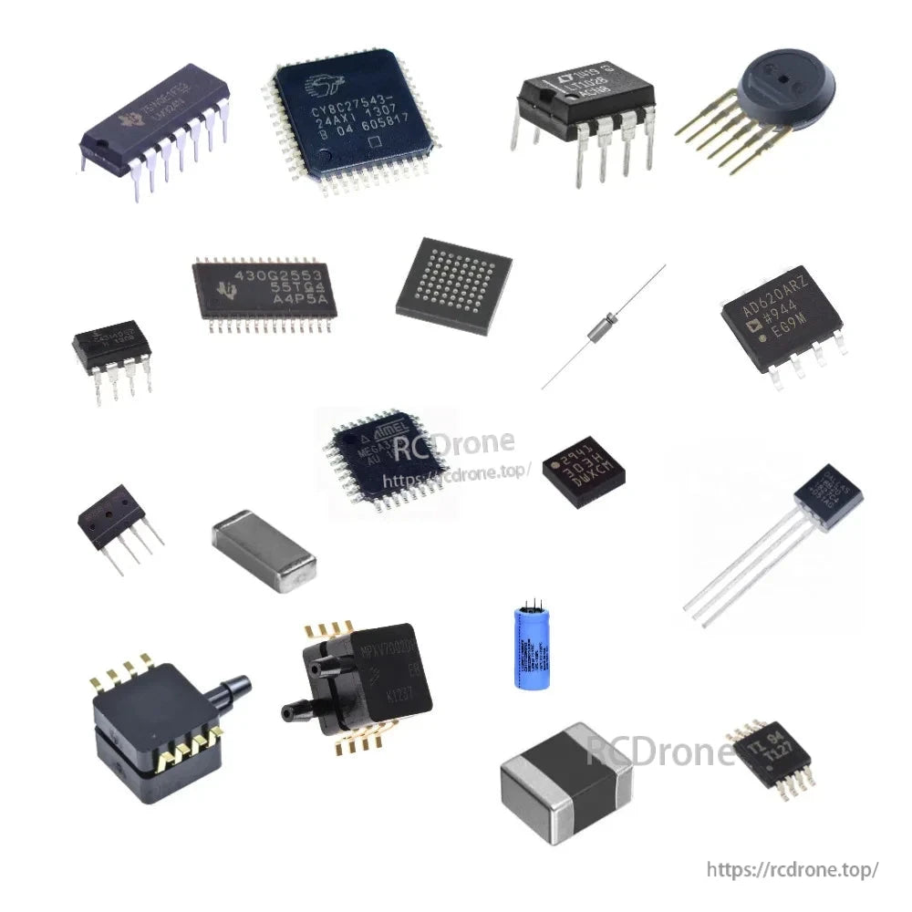 Assorted electronic components including integrated circuits, sensors, and a small capacitor on a white background