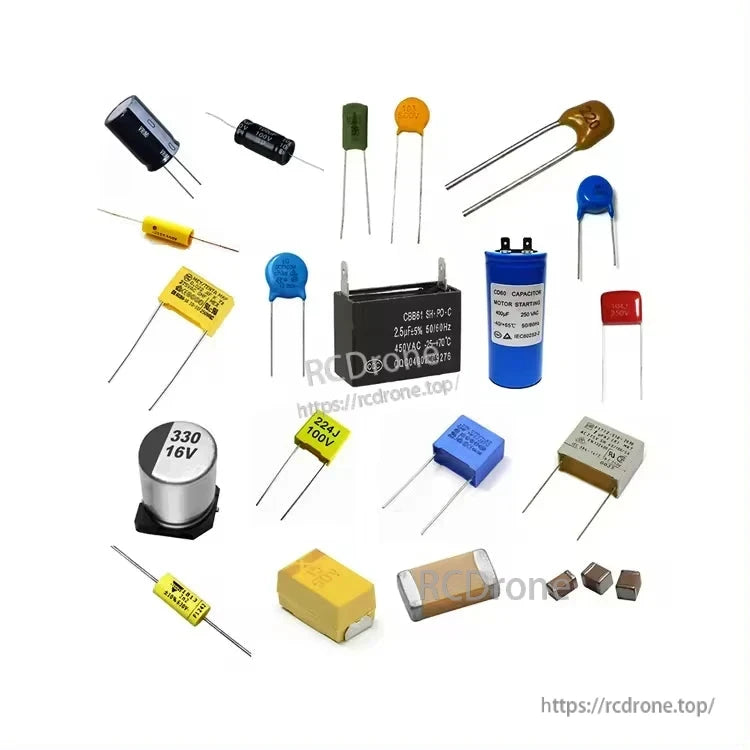 Assorted capacitors in multiple styles, including electrolytic cans, ceramic disc, and box film capacitors