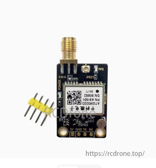 UBLOX M10, TAU1201, and ATGM332D GPS, GPS module with SMA connector, QR code, and labeled pins for power.