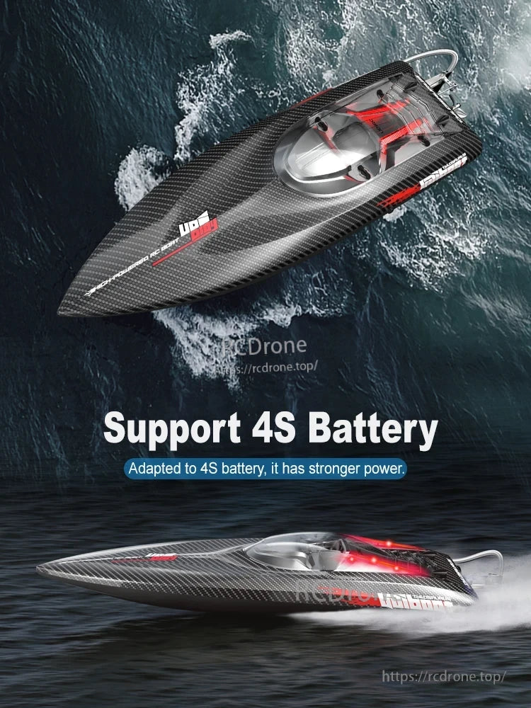 The UDI022 brushless RC speedboat uses a 4S battery for enhanced power and high-speed performance.