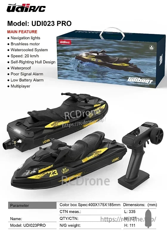 udiRC UDI023 RC Boat, UDI023 PRO RC boat features navigation lights, brushless motor, water-cooling, 20 km/h speed, self-righting hull, waterproof design, alarms, multiplayer support, and remote control. (24 words)