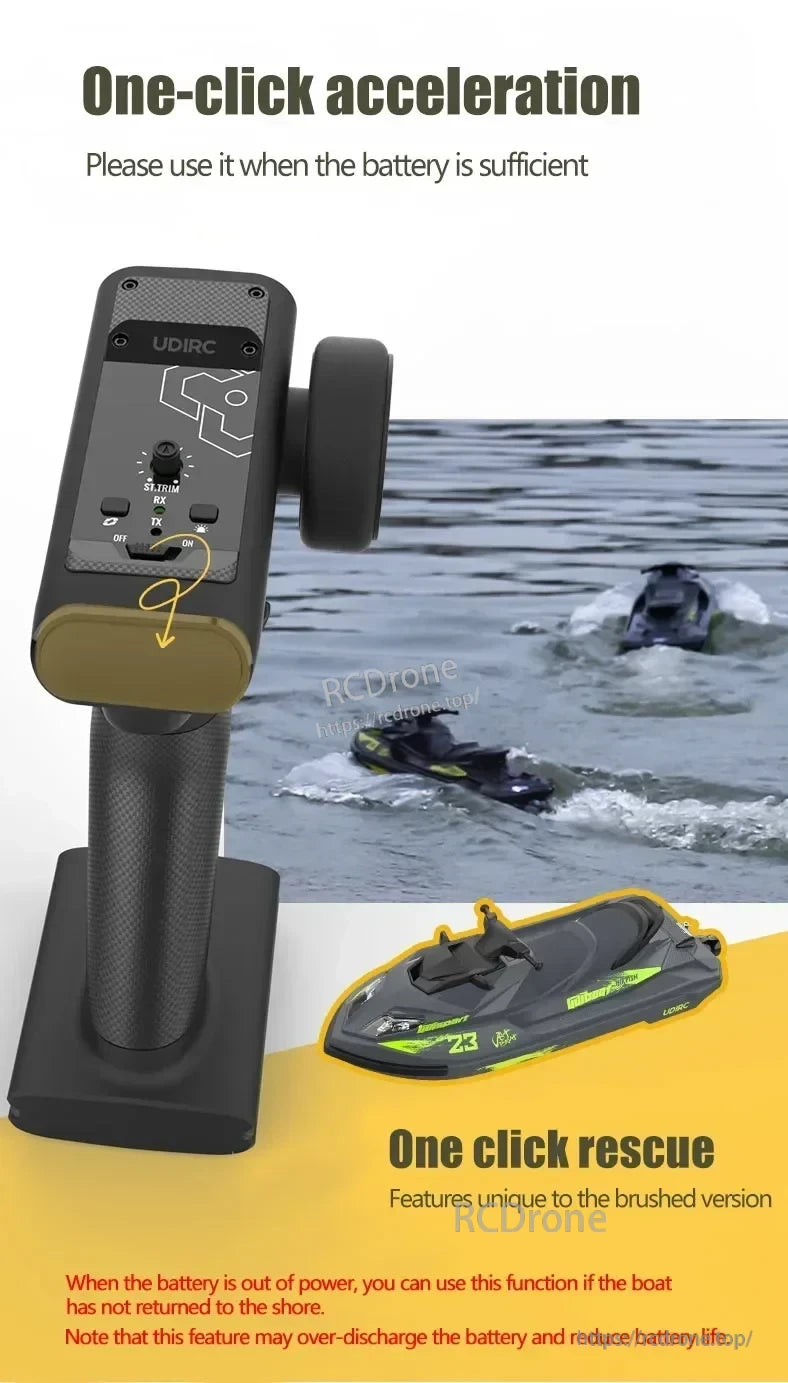 The UDIRC UDI023 RC Boat features one-click acceleration and rescue; use acceleration with sufficient battery, and rescue only during power failure to avoid reduced battery life.