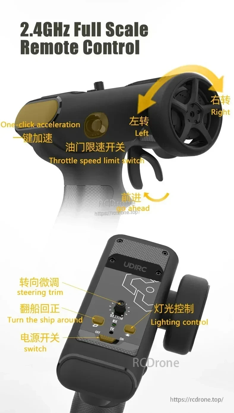 udiRC UDI023 RC Boat, 2.4GHz remote control features one-click acceleration, speed limit, trim, lighting, turn-around, and power switch for precise drone operation.