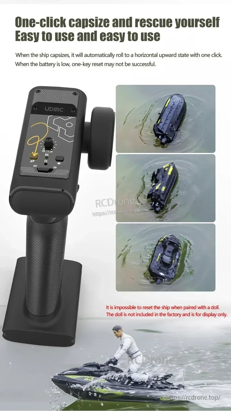 UDIRC UDI023 RC Boat features one-click self-rescue, automatically flipping upright. Easy to use, but low battery may hinder reset. Doll not included; for display only. (24 words)