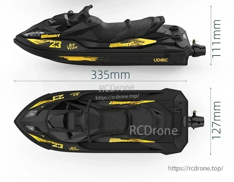 UDIRC UDI023 RC Boat, measuring 335mm x 127mm x 111mm, features a black and yellow design for enhanced visibility and style.