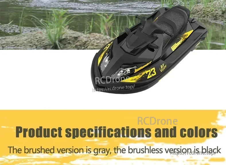 udiRC UDI023 RC Boat, Black and yellow UDI023 RC boat with brushed gray and brushless black details, designed for high-performance remote control water racing.