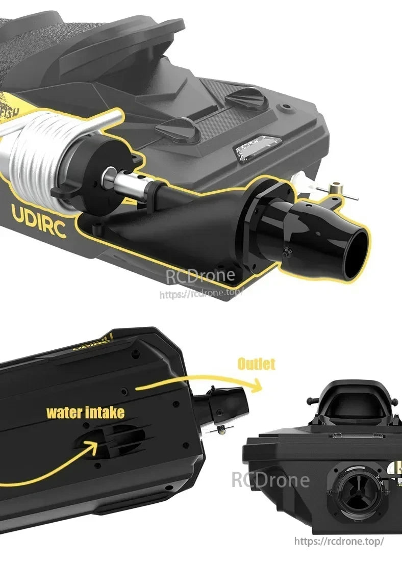 udiRC UDI023 RC Boat, Hull features shallow V-shaped design with built-in impact protection and anti-collision strip for safety.