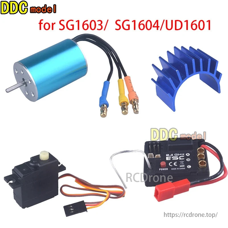 UDIRC SG1603 motor, ESC, servo, and heat sink set for RC models.