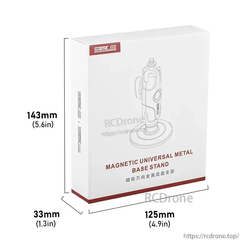 Universal Magnetic Metal Chassis Bracket, STARTRC magnetic universal metal base stand, 143×125×33mm, features strong magnet and non-slip rubber, ideal for securing devices; includes product illustration.