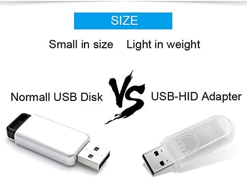 Size comparison graphic: normal USB disk vs USB-HID adapter, small and lightweight design