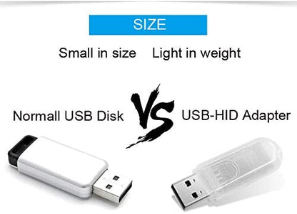 Size comparison graphic: normal USB disk vs USB-HID adapter, small and lightweight design