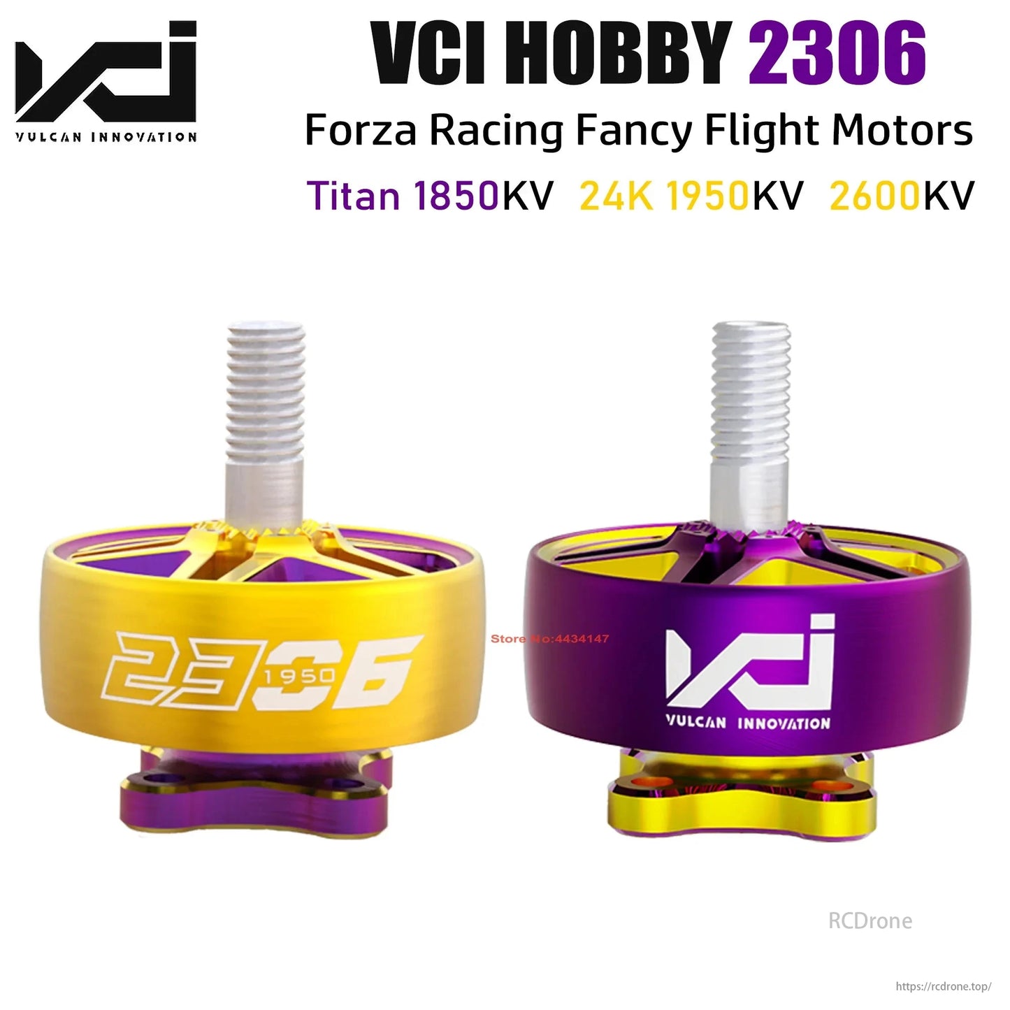 VCI HOBBY 2306 brushless motors, including Forza, Titan (1850KV, 24K 1950KV, 2600KV), for 5-inch FPV freestyle racing drones.