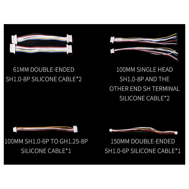 TMOTOR Velox Cine F7 Flight Controller, Various cables included: double-ended silicone (100mm) and single-head silicone (61mm) with different terminals.