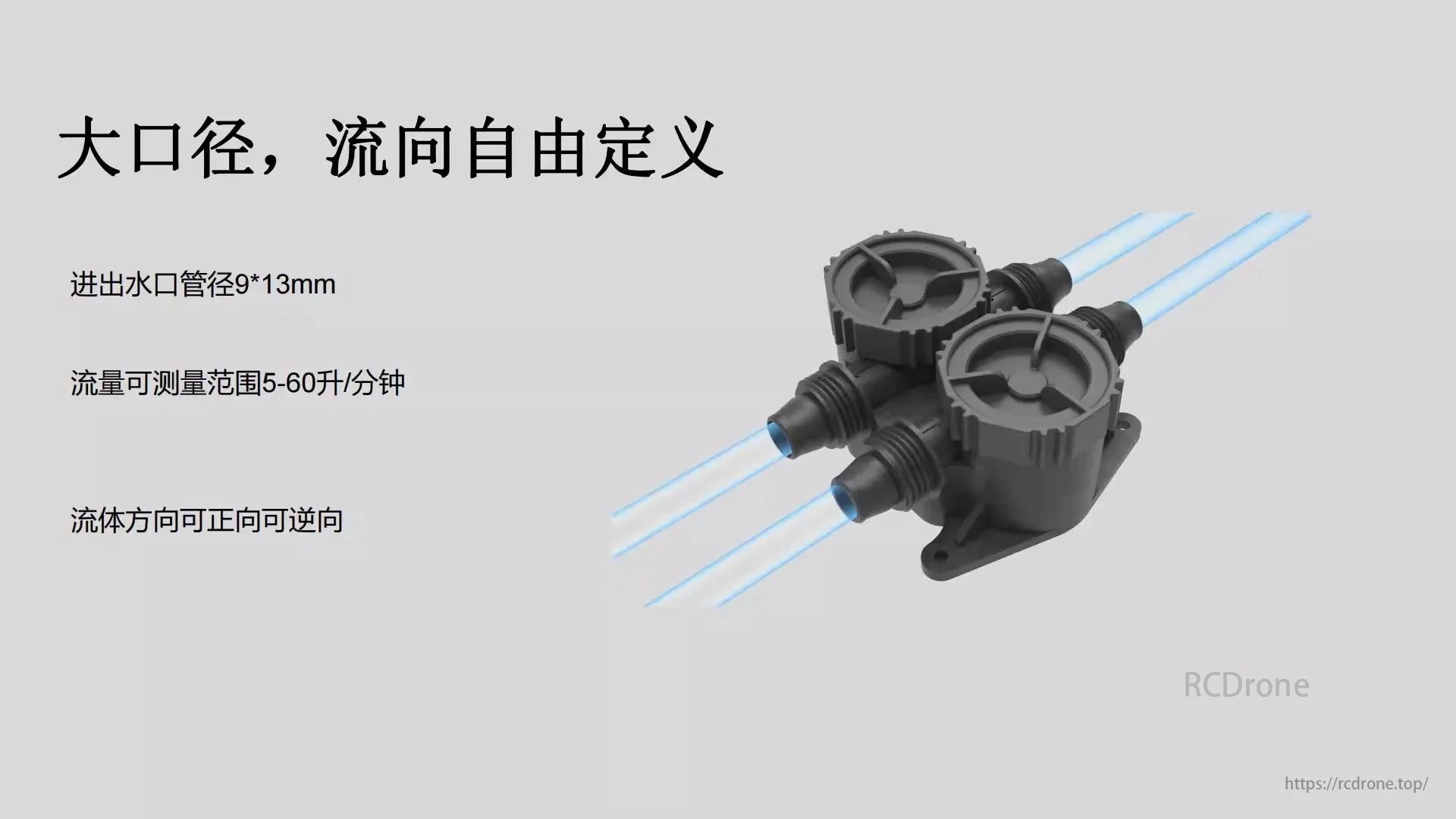 VK FL-2 Flow Meter, Large diameter, customizable flow direction. Measures 5-60 liters per minute.