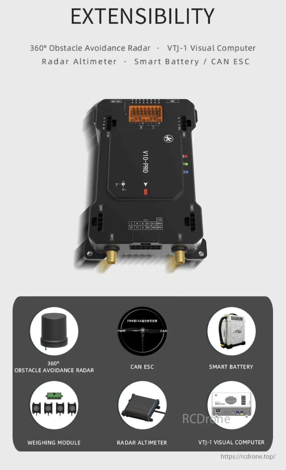 VK V10-Pro UAV Controller, V10-Pro UAV Controller features 360° obstacle avoidance, visual computer, radar altimeter, smart battery, CAN ESC, and weighing module for versatile, extendable functionality in a compact design.