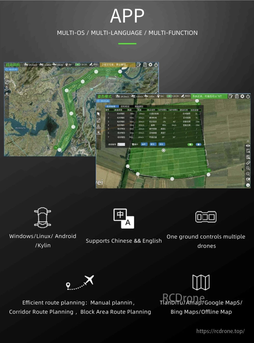 The VK V10-Pro UAV Controller app offers multi-OS support, efficient route planning, and compatibility with various maps for controlling multiple drones.