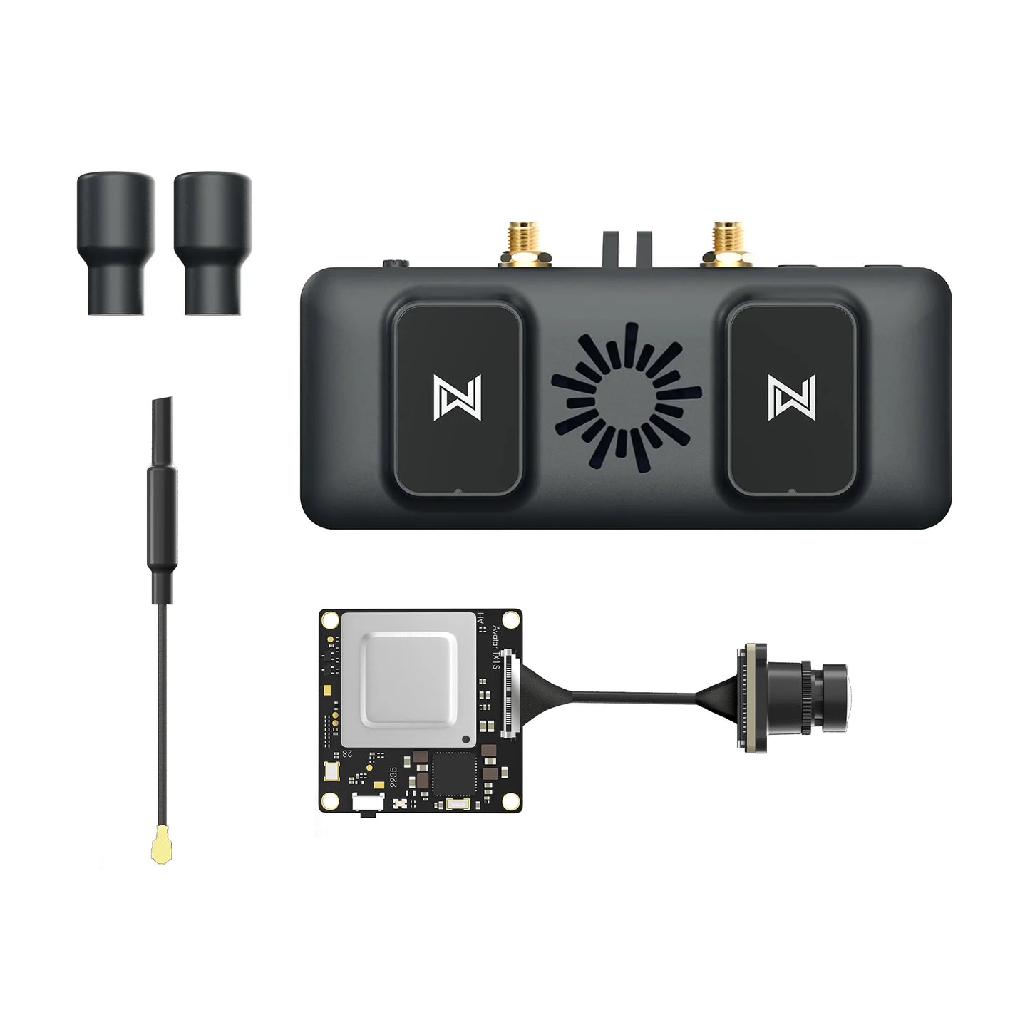 Avatar FPV VRX receiver top view with two antenna ports, plus camera board and antenna accessories