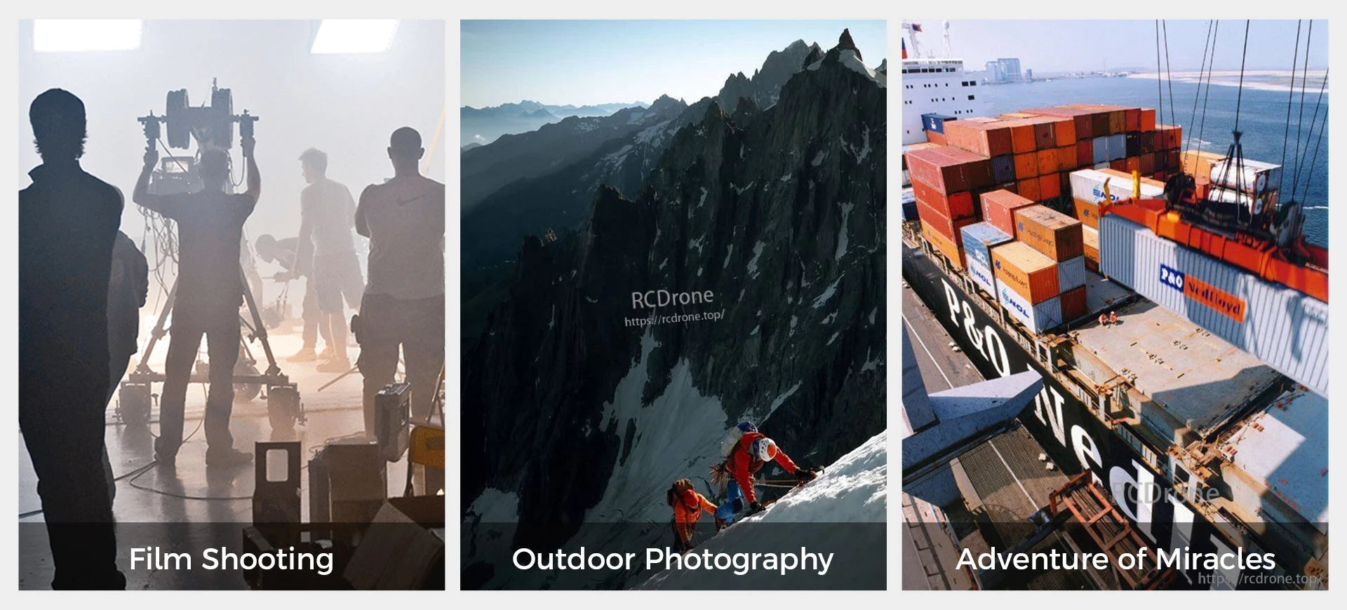 Walksnail Avatar Repeater, Film shooting, outdoor photography, and adventure scenes displayed with labeled categories.